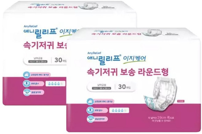 애니릴리프 이지케어 속기저귀 보송 라운드형 성인용기저귀 30Px2팩, 30개입, 2박스