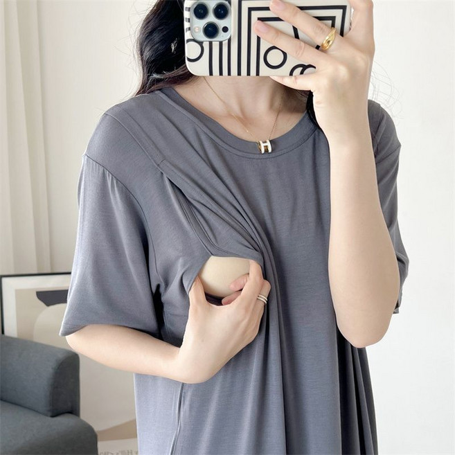 임산부 수유용 원피스 여성 여름 홈웨어 산후 수유겸용 모달 편안한 숏슬리브 원피스 JXH