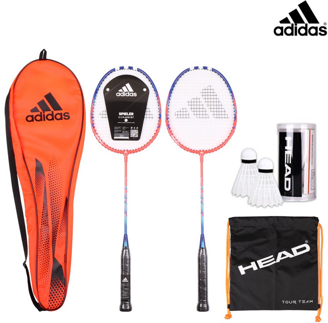 아디다스 슈필러 배드민턴 라켓 2입 세트 (쏠라레드) MD0015 + 헤드 볼백 + 셔틀콕 (2입), 1개