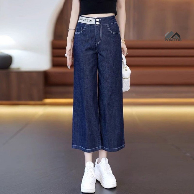 POMTOR 여성 여름 밴딩 텐셀 청바지 시원한 일자 8부 데님 와이드 팬츠