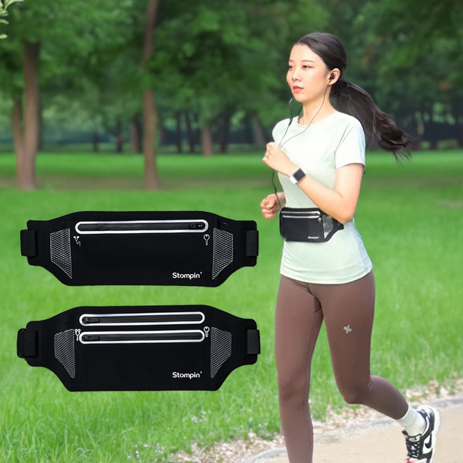 스톰핑 슬림형 마라톤 러닝벨트 조깅힙색, 야간반사 블랙, 1개