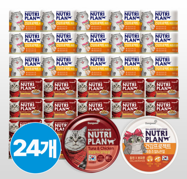 동원 뉴트리플랜 고양이캔 160g x 24개 (흰살참치와 닭가슴살 12개 + 건강프로젝트 체중조절 관절 12개), 1개