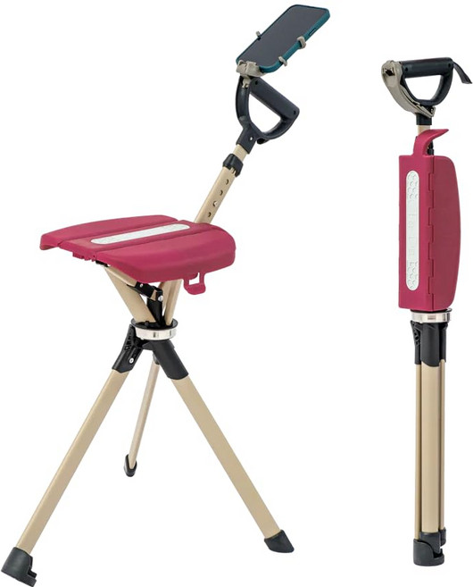 Ta-Da Chair Series2 PRO 지팡이 의자 로즈 레드 의자가되는 지팡이 경량 삼각대