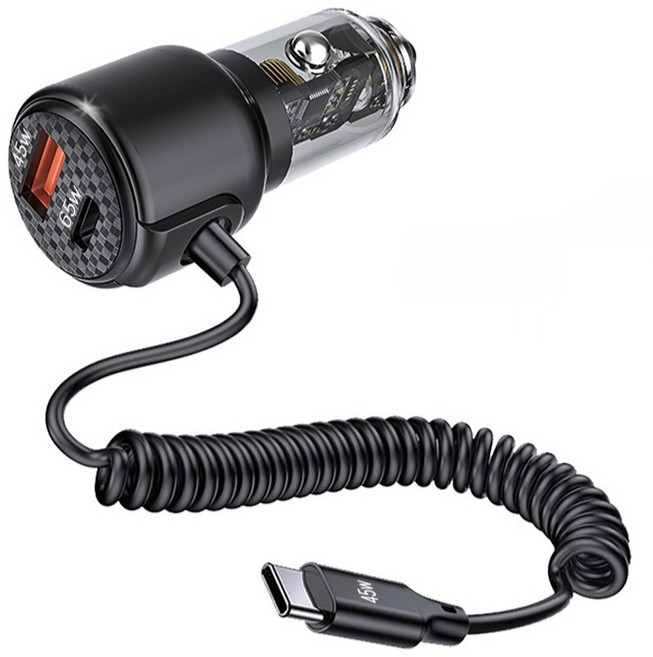 SUNRIVER 차량용 초고속 충전기 3포트 동시 초고속 충전가능 110W 3in1 신축 케이블 PD45W PD65W 반투명 플래시 충전, 탄소섬유 블랙, SC-112601