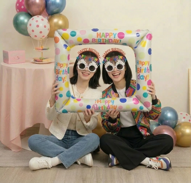 생일 파티 포토존 촬영 소품 패키지, 1세트, 생얼선글라스2개+머리띠2개+풍선액자