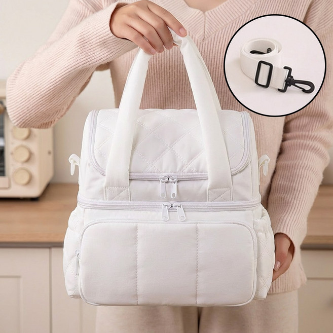 Jeernare 2단 방수 도시락 가방 크로스 핸드 보냉가방 학교용 직장인 캠핑 보온 보냉가방, 1개, 아이보리