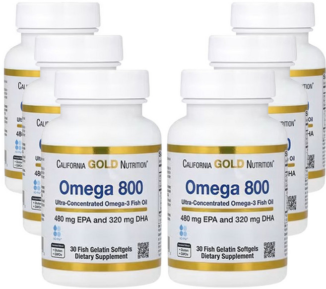 캘리포니아골드뉴트리션 Omega 800 제약 등급 피쉬 오일 80% EPA/DHA 트리글리세리드 형태 1 000mg 피쉬 젤라틴 소프트젤 30정, 6개