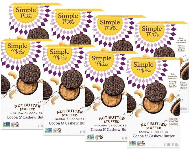 Simple Mills 너트 버터 봉제 샌드위치 쿠키 크리미 땅콩 버터 인공 없음 비건 친화적 코셔 글루텐 프리 및 GMO 프리 189.9g(6.7온스) (8팩), 1개, 190g