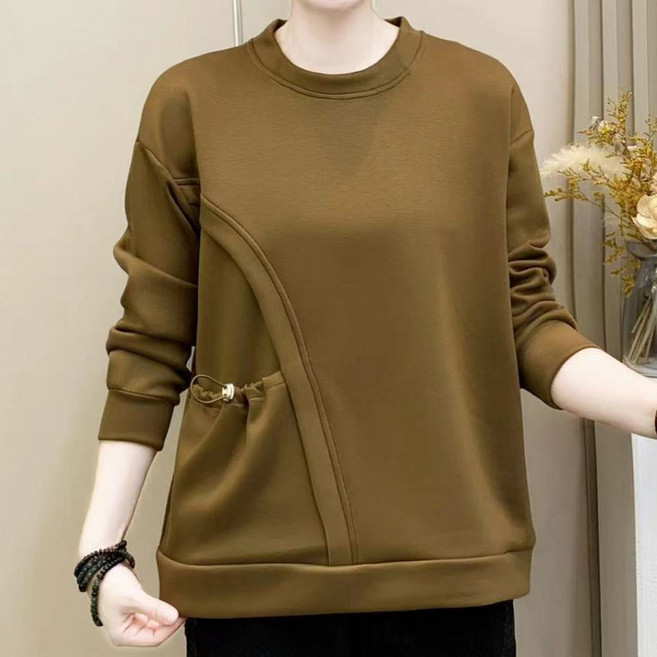 ROYALBELLE 여성 라운드넥 루즈핏 스트링 포켓 디테일 캐주얼 긴팔 맨투맨 T06022525