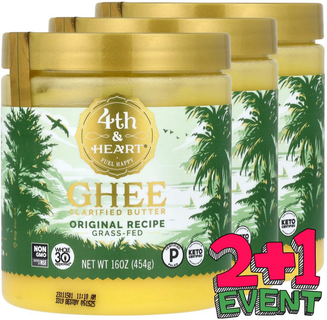 [2+1] 포쓰앤하트 기(Ghee) 정제 버터 목초사육오리지널 레시피 453g / 해외직구 미국정품, 454g, 3개