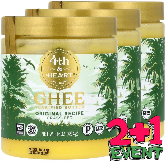 [2+1] 포쓰앤하트 기(Ghee) 정제 버터 목초사육오리지널 레시피 453g / 해외직구 미국정품, 454g, 3개 - 쿠팡