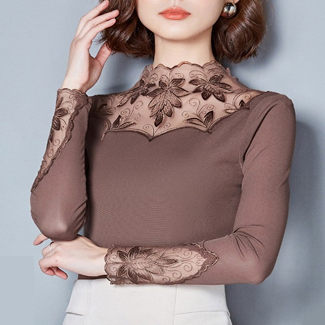 여성용 봄 가을 데일리 반터틀넥 블라우스 레이스 망사 긴팔 티셔츠