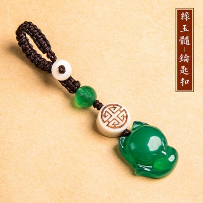 天然瑪瑙萌狐狸鑰匙掛招桃花車鑰匙掛墜女士包包精緻防丟古風掛墜 副廠商品, 1個, 咖繩+綠狐狸, 咖繩+綠狐狸