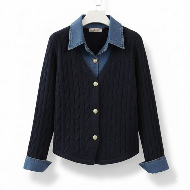 메리앤유 청 남방 레이어드 꽈배기 니트 가디건