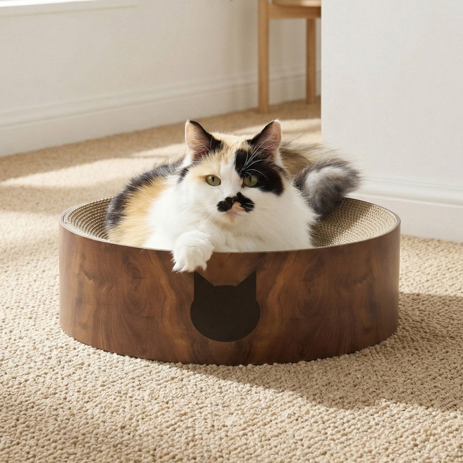 네코이찌 대형 쇼파 방석 침대 고양이 원형 스크래쳐, 1개, 다크브라운