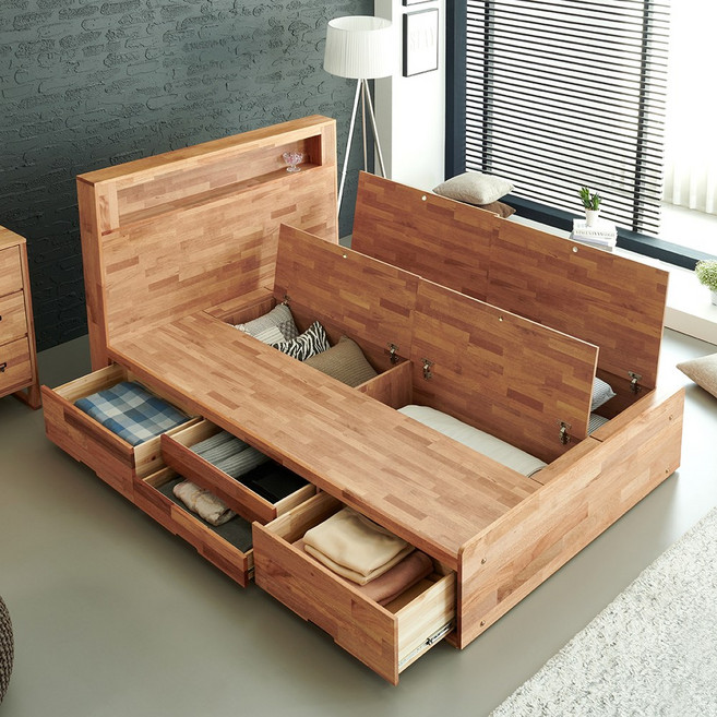 아달라 무케 원목 LED 높은 수납침대 프레임 SS Q K, 브라운