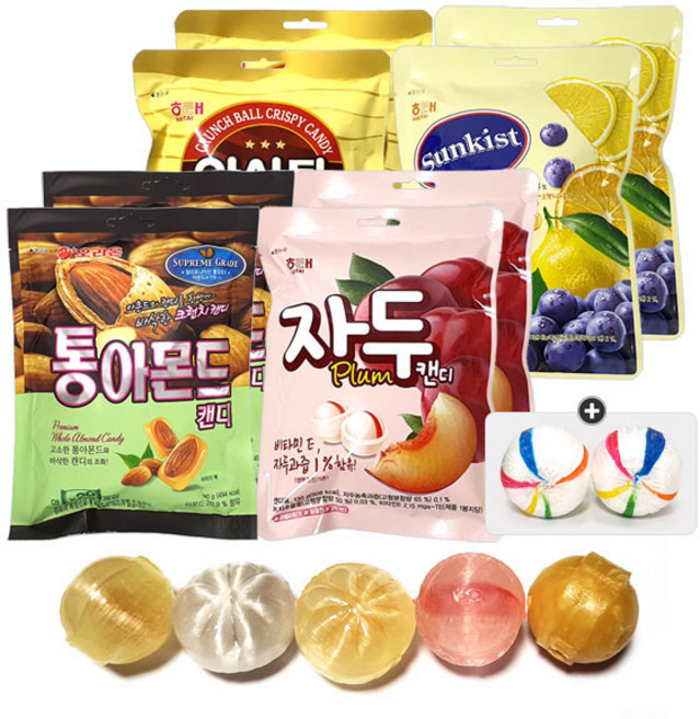 캔디4종 2봉씩(오리온 통아몬드/자두캔디/썬키스트캔디/알사탕) 1세트(+청옥춘(20g) 1봉 포함), 1세트