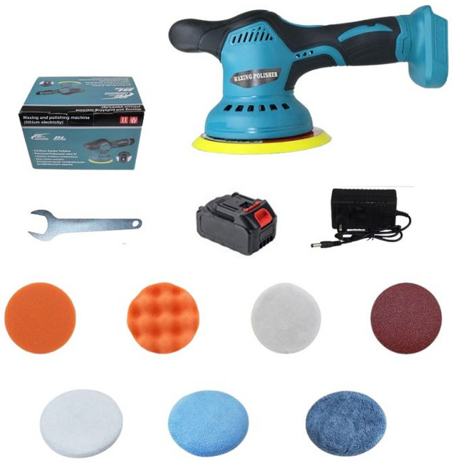 電動打蠟拋光機，多檔調速，偏心軌道，適用汽車、船體、機械設備, 6吋1主機10節1電1充+配件