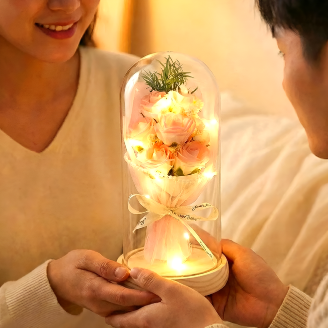 노브픽즈 기념일 선물 유리돔 장미 꽃다발 + 예쁜 편지지, 핑크