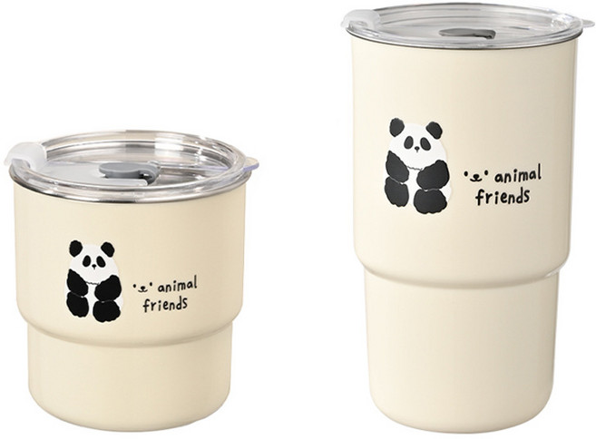 熊貓圖案 保溫杯 附蓋 隨行杯, 米白(熊貓貼紙版), 1個, 600ml