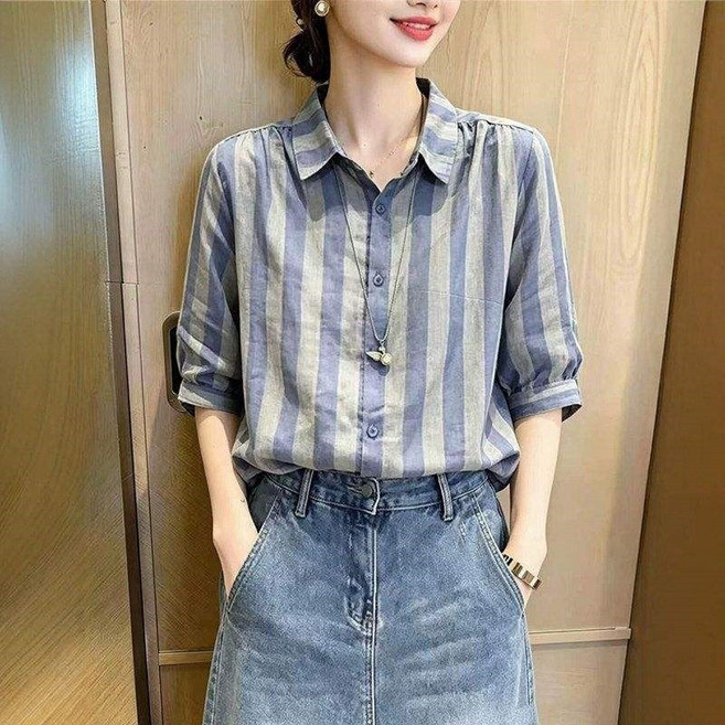 條紋翻領襯衫女中袖寬鬆顯瘦襯衣上衣