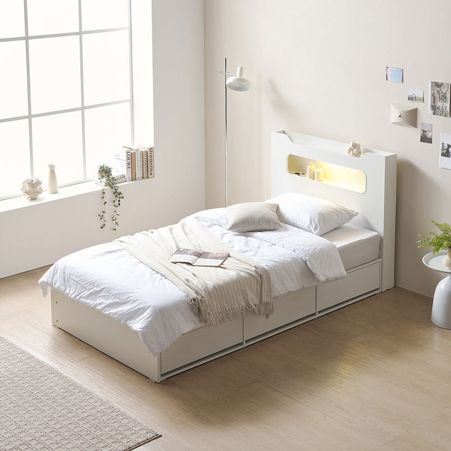 파로마 이즈 로벤 LED 3서랍 빅수납침대+본넬매트 SS, 화이트