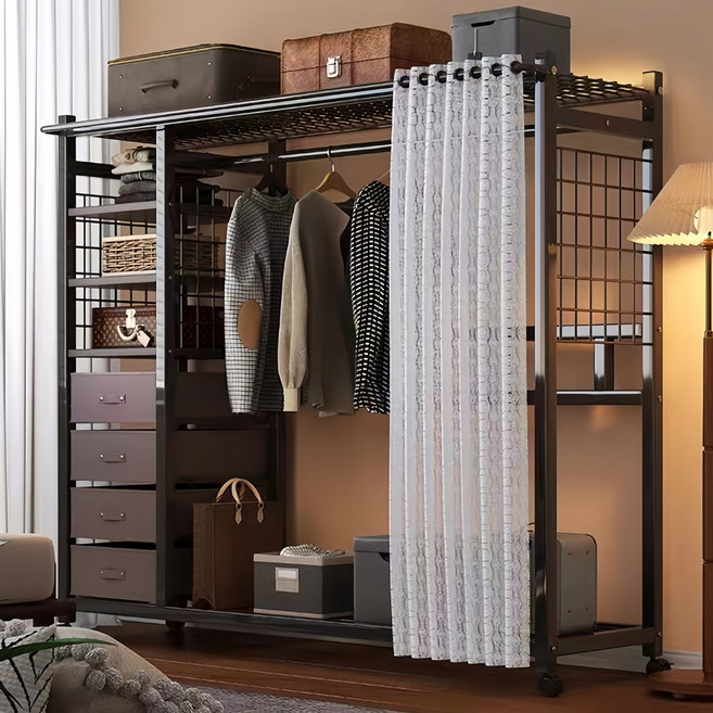 YAPOGI 커튼형 철제 이동식 시스템 행거 대용량 조립식 원룸, 블랙