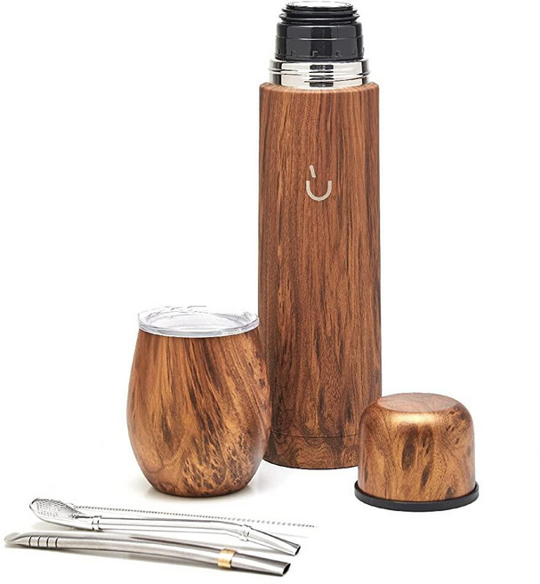 BALIBETOV Complete Yerba Mate 세트 - 모던 메이트 고드 써멀 플라스크 봄빌라 및 클리닝 브러시 포함 - 모든 프리미엄 품질 304 18/8 스테인리, 나무