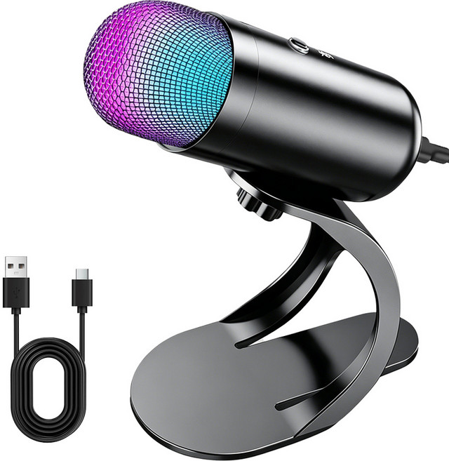 AURRA USB 마이크 LED 다이나믹 마이크 게이밍 마이크 방송용 마이크 콘덴서 마이크 원터치 음소거 녹음용 노이즈캔슬링, 검정색, 1