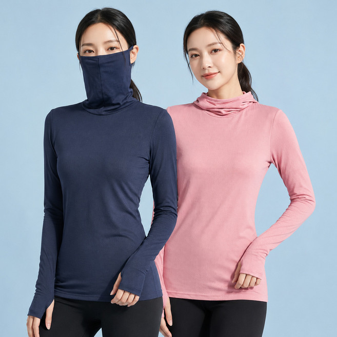 [투엘라] (1+1) 여성 메쉬 마스크넥 티셔츠_핑거홀 자외선차단 쿨쉴드