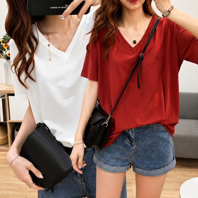 오스틱니 (완전 편한) 150kg까지 빅사이즈 1+1 여성 브이넥 솔리드 일자 티셔츠 반팔 여름 원단좋은 루즈핏 오버핏 날씬해보이는 심플 데일리 패션 기본티 미디티 면 박스티 티