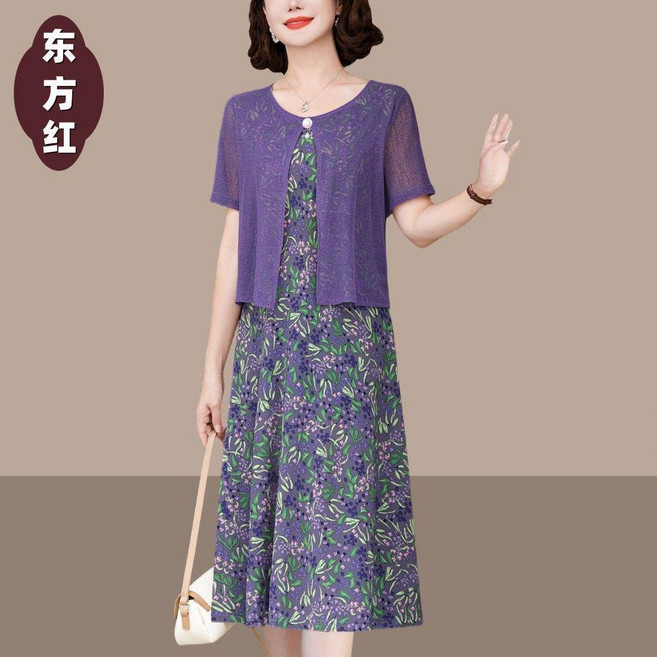 媽媽氣質假兩件短袖連衣裙, 紫色  ,6XL  建議77.5-84.0公斤, 紫色