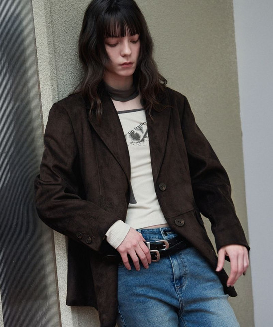 LEATHER 레더Y 디바이드 싱글 스웨이드 블레이저 [Dark 다크 BRWN]
