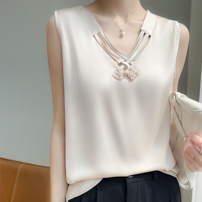 LUMORA 여성 브이넥 민소매 시폰 톱 A334S