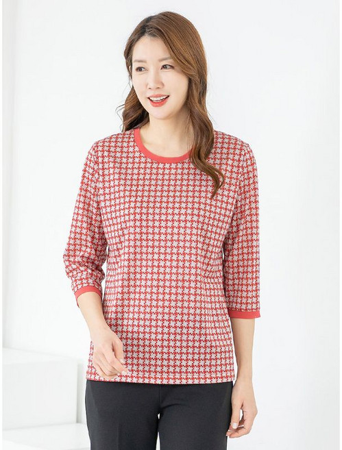 모슬린 엄마옷 티셔츠 7부 라운드 체크 MQG126646 마담 미시 중년여성 빅사이즈 할머니옷 50대 60대 70대