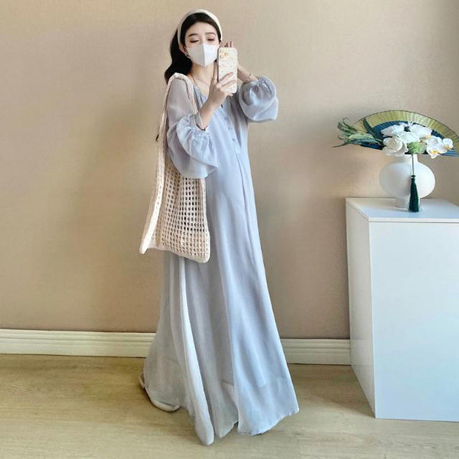 봄 가을 임산부 원피스 캐주얼 긴팔 임부 원피스 기질 임부옷 슬림핏 루즈핏 바캉스룩 쉬폰 원피스 WXY