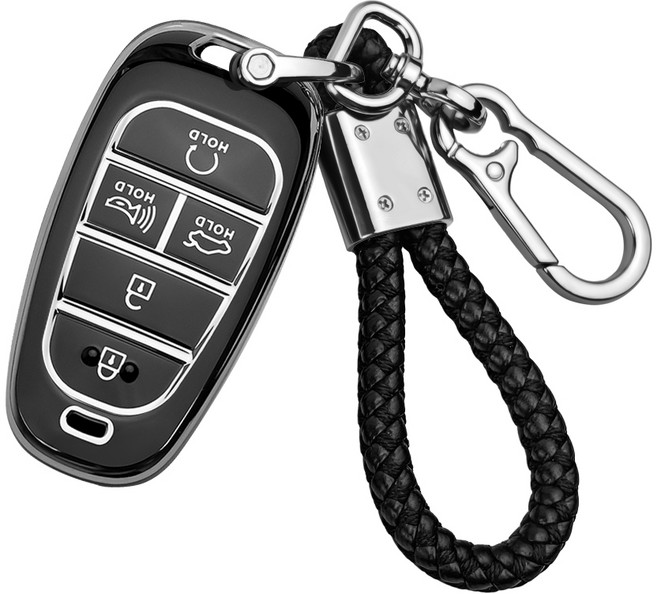 MODACE 현대 자동차 스마트키 TPU 소프트젤 차키 보호케이스 + 가죽 메탈 더블 고리 키링, 와 키링, 5버튼 실버 블랙