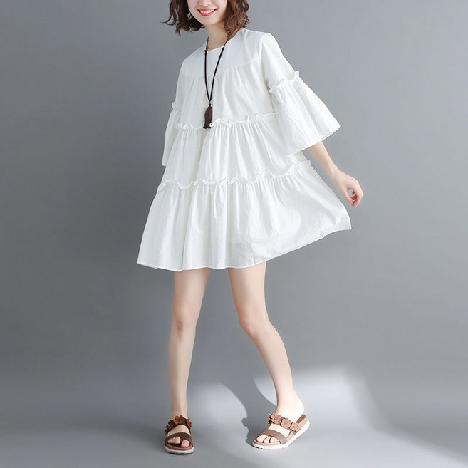 大碼女裝連衣裙 夏季新款胖mm韓版a字裙 娃娃裙 顯瘦連身裙, 白色,2XL