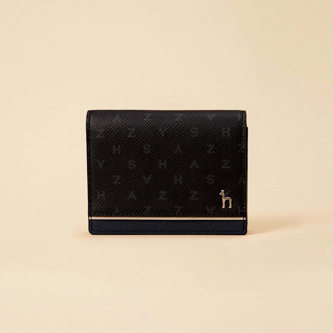 정품 헤지스 블랙 레터링패턴 배색 가죽 반지갑 남성 모던 감성