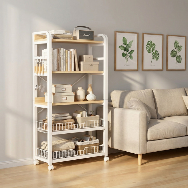 인더몰 주방선반 이동식 수납 전자레인지 선반, 화이트, 1개