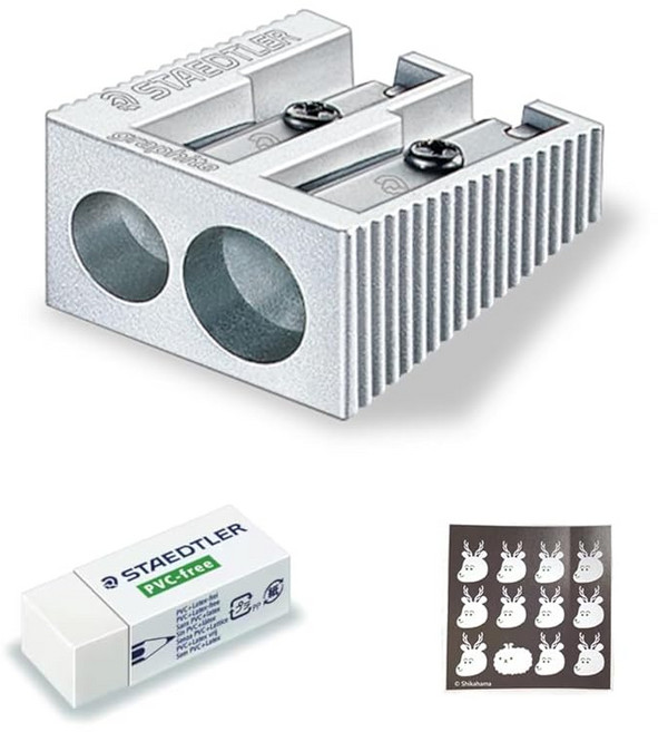 독일산 연필깎이 지우개 세트 스테들러 2구 샤프너 색연필깎이 연필깎이 수동 미니 휴대폰 굵은 샤프트 연필 대응 사은품 스티커 또는 미니 책갈피 포함