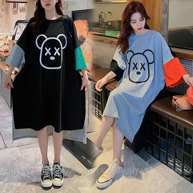 프린트 티셔츠 캐릭터 패치 원피스 여성 여름 와이드 반팔티 빅사이즈 박시티 미디 원피스 캐주얼 롱티 D99U