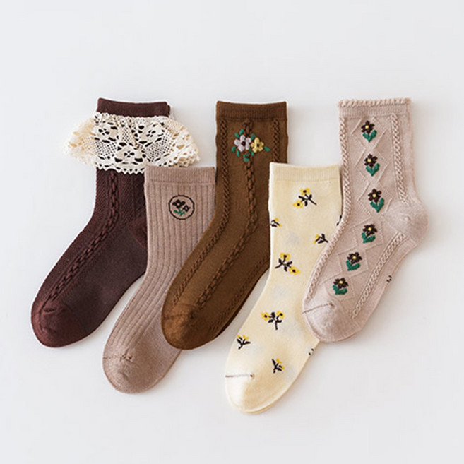 워더미 여아용 사계절 러블리 플라워 중목 양말 5켤레세트 CX8021