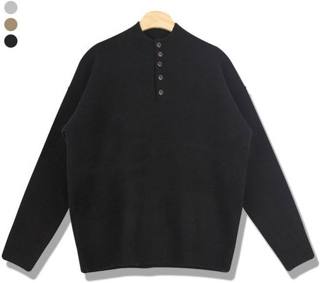 오마보이 남성용 단추 헨리넥 뽀송 보카시 반목 니트