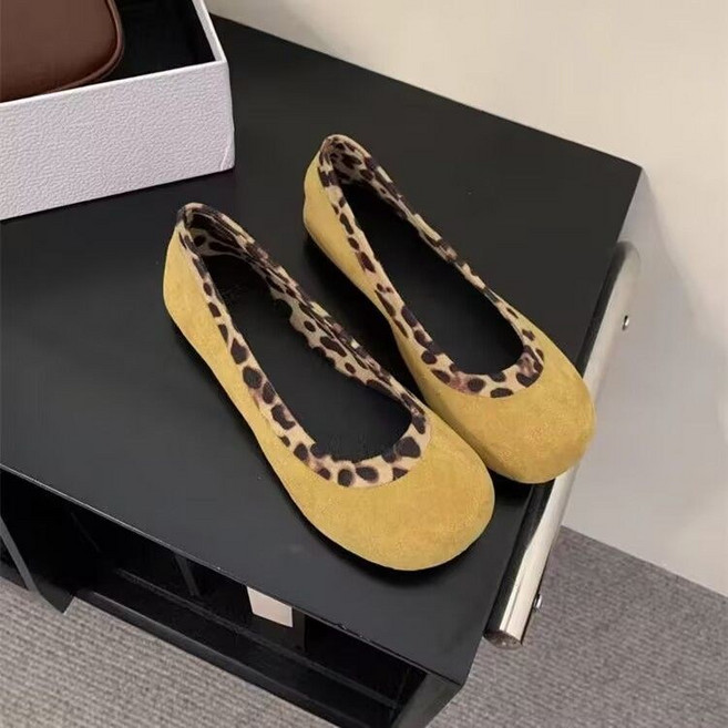 Skyciky 라운드토 소프트 바닥 벨벳 플랫 슈즈 여성용 빈티지 스타일 원피스와 잘 어울리는 레오파드 발레리나 슈즈 BB1239