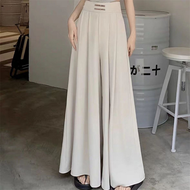 AOKADA 여성 봄 가을 쿨링 아이스 쉬폰 와이드 치마바지 하이웨스트 플리츠 롱 스커트 팬츠