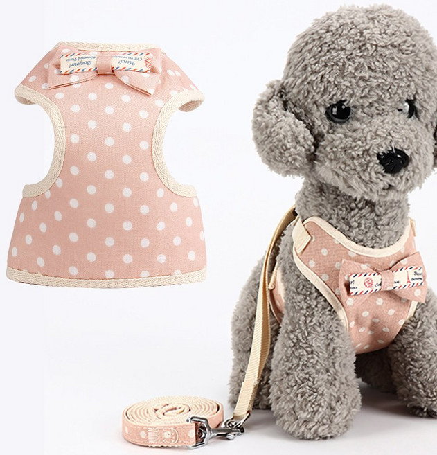 강아지 산책 리본 하네스 리드줄 세트 반려견 가슴줄 애견용품, 1세트, 베이비 핑크