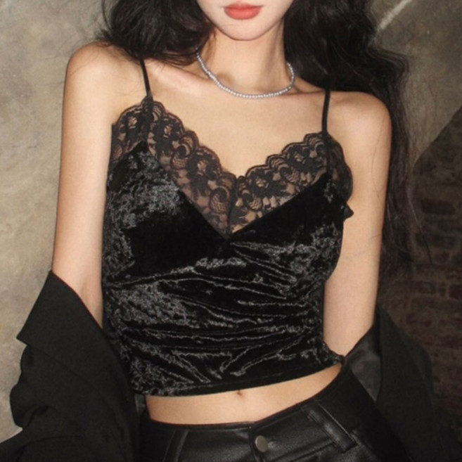 여성 섹시 여리핏 캡내장 벨벳 레이스 스모크밴딩 슬리브리스 크롭 나시 탑 W832