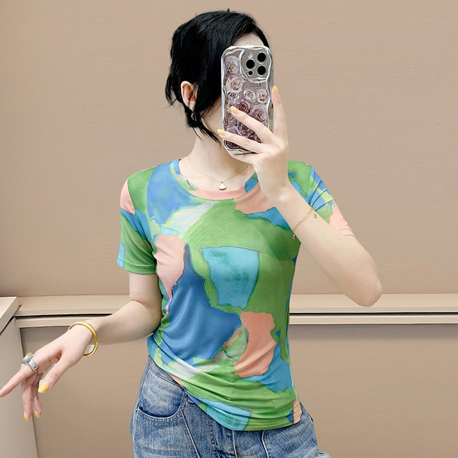 댄스스포츠복 라인댄스복 연습복 여성용 망사 프린트 라운드 반팔 티셔츠 Women's T-shirt