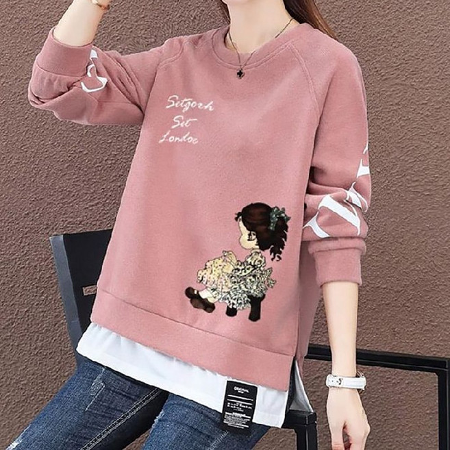 ROYALBELLE 여성 라운드넥 레이어드 배색 레터링 프린트 긴소매 얇은 빅사이즈 루즈핏 캐주얼 맨투맨 R0030516